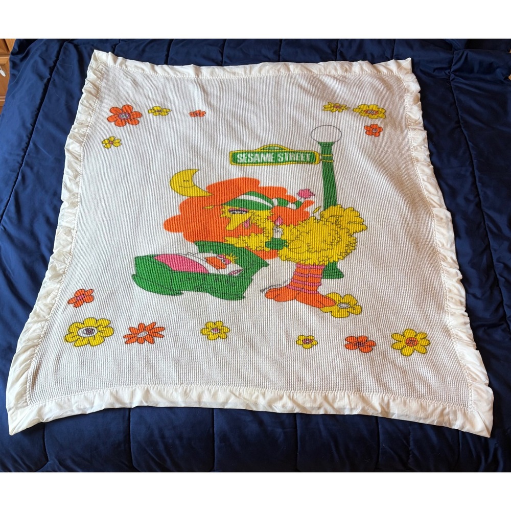 VTG Sesame Street Big Bird Little Bird Thermal Waffle Baby Blanket Satin Trim